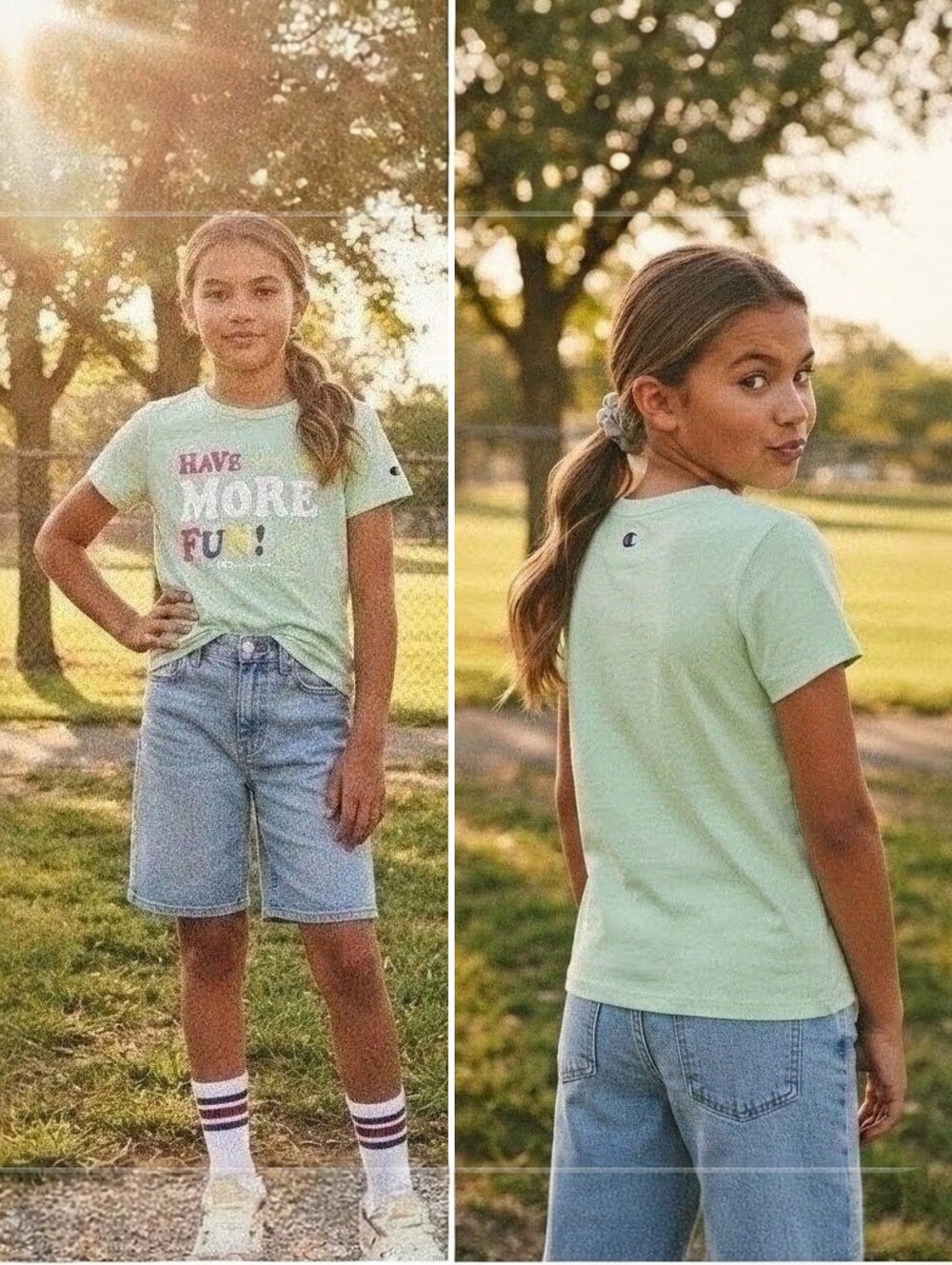 Champion Girls Casual Classic Logo Graphic Tees Bundle (Pink/Mint Green)- Sz M